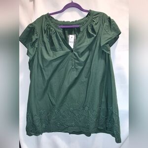 Lane Bryant Dark Green Short Sleeve Eyelet-Hem Tunic